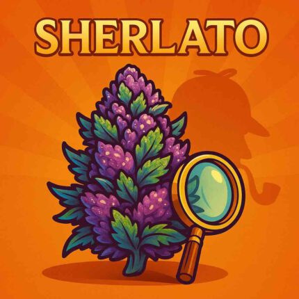 Sherlato Cannabis-Bud im Comic-Stil – lila und grün, mit Sherlock-Holmes-Lupe auf orangem Hintergrund.