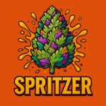 Hochwertige Cannabis-Illustration der Sorte Spritzer – farbenfrohe Bud mit saftigen Akzenten im einheitlichen Traphouse Genetics Stil.