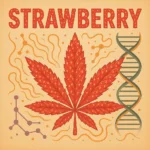 Illustration einer Cannabis-Sorte im Comic-Stil mit saftigen Erdbeeren, goldener Schrift und orangem Hintergrund – Strawberry feminisierte Samen