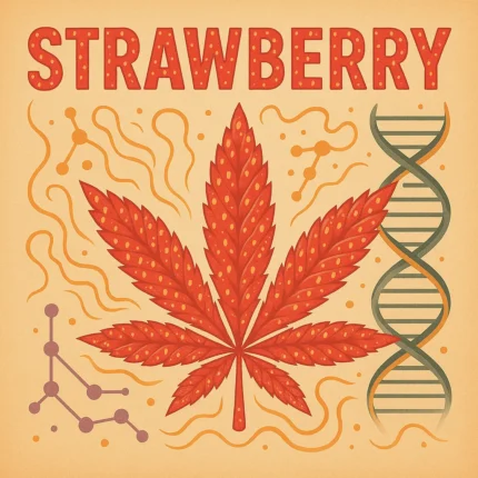 Illustration einer Cannabis-Sorte im Comic-Stil mit saftigen Erdbeeren, goldener Schrift und orangem Hintergrund – Strawberry feminisierte Samen