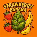 Comic-Style Illustration einer Cannabis-Bud mit Erdbeeren und Bananen, goldener Schrift und orangem Hintergrund – Strawberry Banana