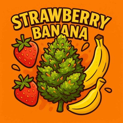 Comic-Style Illustration einer Cannabis-Bud mit Erdbeeren und Bananen, goldener Schrift und orangem Hintergrund – Strawberry Banana