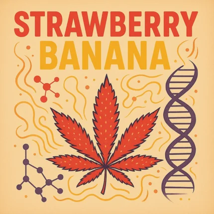 Comic-Style Illustration einer Cannabis-Bud mit Erdbeeren und Bananen, goldener Schrift und orangem Hintergrund – Strawberry Banana