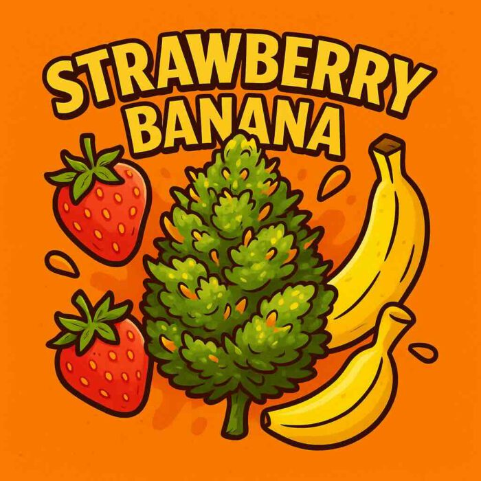 Comic-Style Illustration einer Cannabis-Bud mit Erdbeeren und Bananen, goldener Schrift und orangem Hintergrund – Strawberry Banana