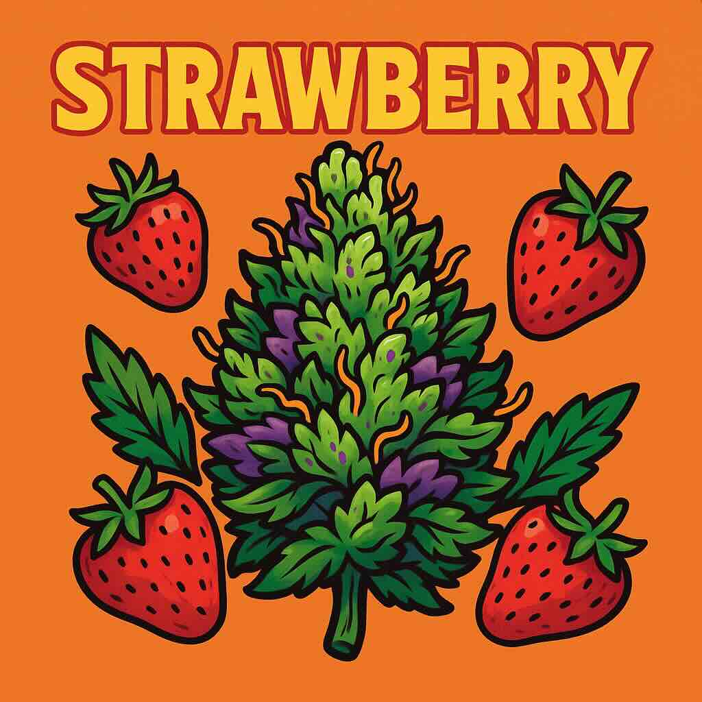 Strawberry Illustration einer Cannabis-Sorte im Comic-Stil mit saftigen Erdbeeren, goldener Schrift und orangem Hintergrund – Strawberry feminisierte Samen