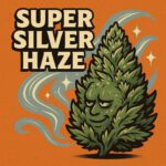 Detailreiche Illustration mit silbernen, glitzernden Akzenten – inspiriert von Super Silver Haze, im einheitlichen German Bulk Seeds Stil.