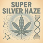 Detailreiche Illustration mit silbernen, glitzernden Akzenten – inspiriert von Super Silver Haze, im einheitlichen German Bulk Seeds Stil.