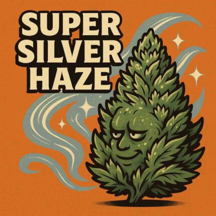 Detailreiche Illustration mit silbernen, glitzernden Akzenten – inspiriert von Super Silver Haze, im einheitlichen German Bulk Seeds Stil.