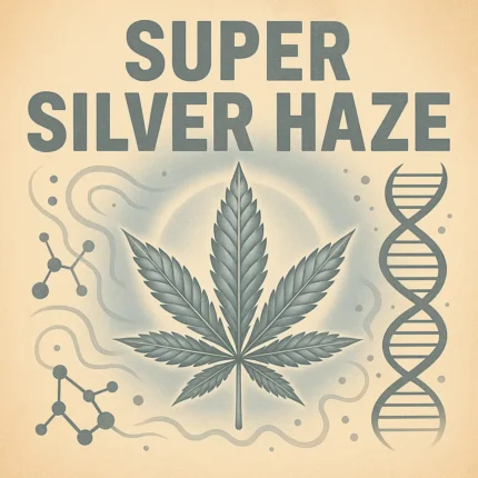 Detailreiche Illustration mit silbernen, glitzernden Akzenten – inspiriert von Super Silver Haze, im einheitlichen German Bulk Seeds Stil.