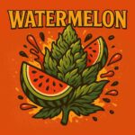 Knallige Comic-Illustration einer stylisierten Cannabisblüte mit Wassermelonen-Look und saftigem Vibe – Eyecatcher für die Sorte Watermelon