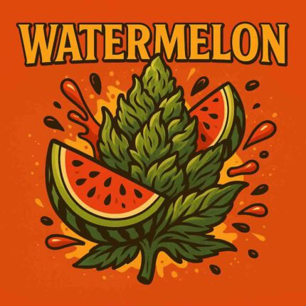 Knallige Comic-Illustration einer stylisierten Cannabisblüte mit Wassermelonen-Look und saftigem Vibe – Eyecatcher für die Sorte Watermelon