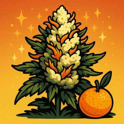 Comic-Illustration zur Sorte Auto Cream Mandarin – stilisierte Cannabisblüte mit Mandarinen-Elementen und cremig-orangenem Farbschema
