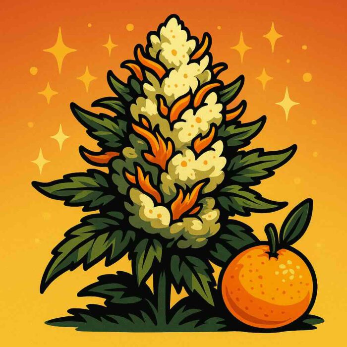 Comic-Illustration zur Sorte Auto Cream Mandarin – stilisierte Cannabisblüte mit Mandarinen-Elementen und cremig-orangenem Farbschema