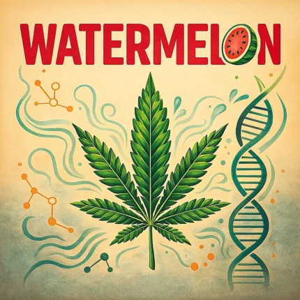 Knallige Comic-Illustration einer stylisierten Cannabisblüte mit Wassermelonen-Look und saftigem Vibe – Eyecatcher für die Sorte Watermelon